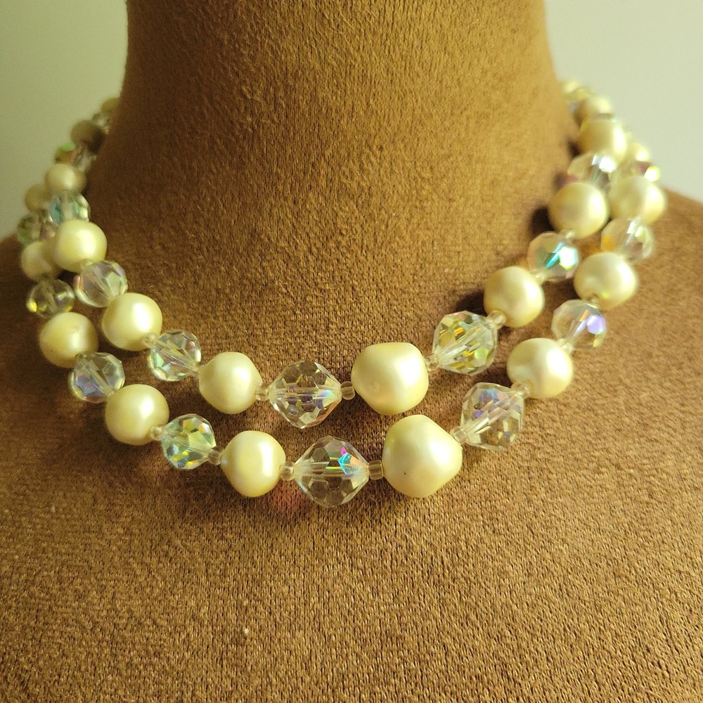 Laguna Vintage‎ Double Strand Faux Pearl Aurora Borealis Crystal Necklace